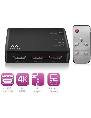 Ewent EW3730 Switch HDMI 4K 3 Puertos + Mando Negro
