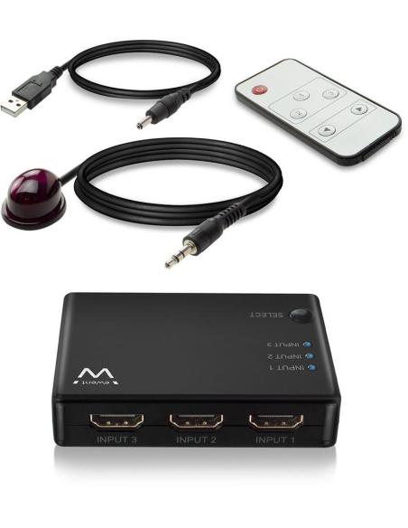Ewent EW3730 Switch HDMI 4K 3 Puertos + Mando Negro