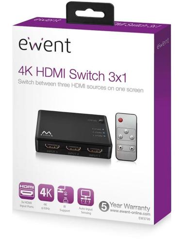 Ewent EW3730 Switch HDMI 4K 3 Puertos + Mando Negro