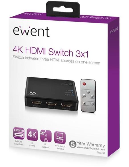 Ewent EW3730 Switch HDMI 4K 3 Puertos + Mando Negro