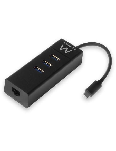 Ewent EW1141 HUB USB-C a USB-A 3.0/RJ-45 4 Puertos 15 cm Negro