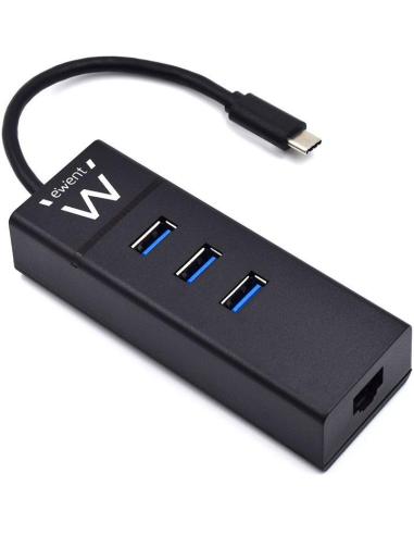 Ewent EW1141 HUB USB-C a USB-A 3.0/RJ-45 4 Puertos 15 cm Negro