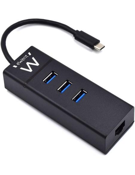 Ewent EW1141 HUB USB-C a USB-A 3.0/RJ-45 4 Puertos 15 cm Negro