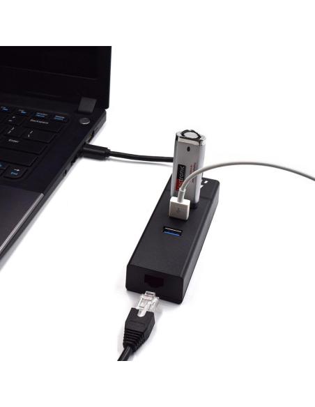 Ewent EW1141 HUB USB-C a USB-A 3.0/RJ-45 4 Puertos 15 cm Negro