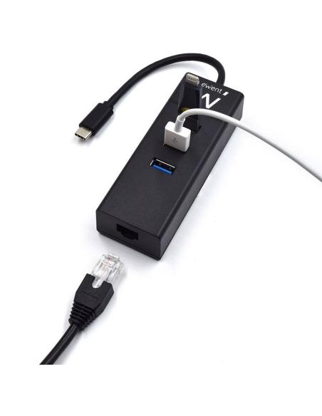 Ewent EW1141 HUB USB-C a USB-A 3.0/RJ-45 4 Puertos 15 cm Negro