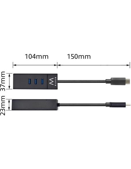 Ewent EW1141 HUB USB-C a USB-A 3.0/RJ-45 4 Puertos 15 cm Negro