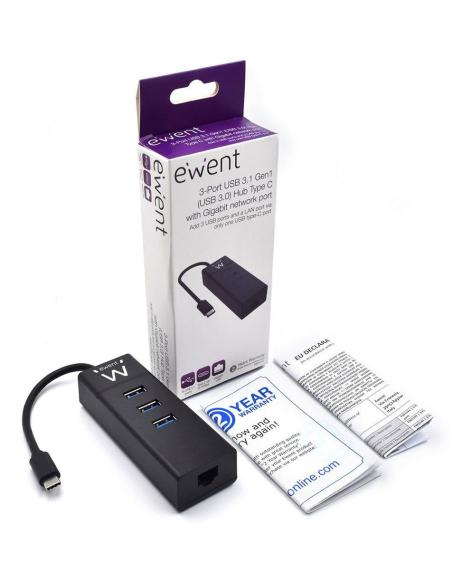 Ewent EW1141 HUB USB-C a USB-A 3.0/RJ-45 4 Puertos 15 cm Negro