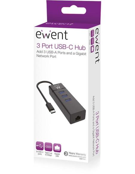 Ewent EW1141 HUB USB-C a USB-A 3.0/RJ-45 4 Puertos 15 cm Negro