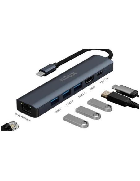 Nilox NXDSUSBC06 Docking Station 6 en 1 USB-C a USB-A/HDMI/RJ-45 Negro
