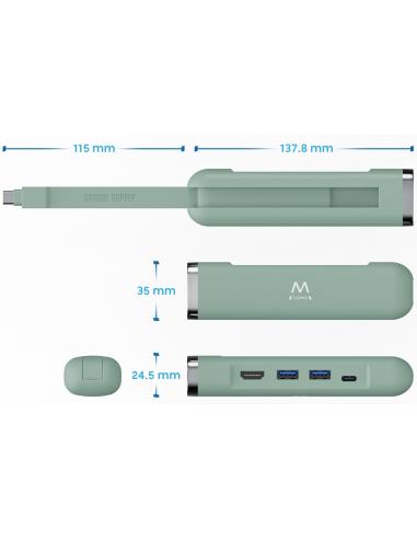 Ewent EW1148 Base Para Portátil y Dock Con 5 Puertos USB-C a USB-A /HDMI/RJ-45/USB-C Verde
