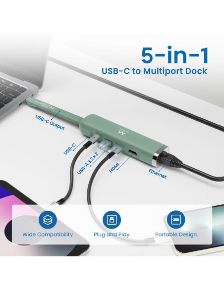 Ewent EW1148 Base Para Portátil y Dock Con 5 Puertos USB-C a USB-A /HDMI/RJ-45/USB-C Verde