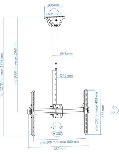 TooQ LPCE1170TSLI-B Soporte de Techo Giratorio para Monitor/TV 37"-70" Máx. 50Kg Negro
