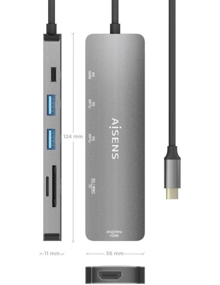 Aisens ASUC-6P016-GR Docking Station USB-C a USB-A/HDMI/SD/microSD Gris