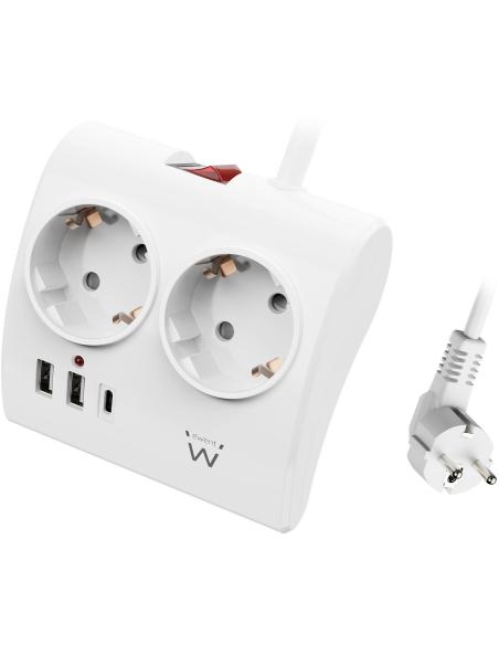 Ewent EW3870 Regleta 2 Tomas Schuko + x2 USB-A/x1 USB-C 1.5 Negro