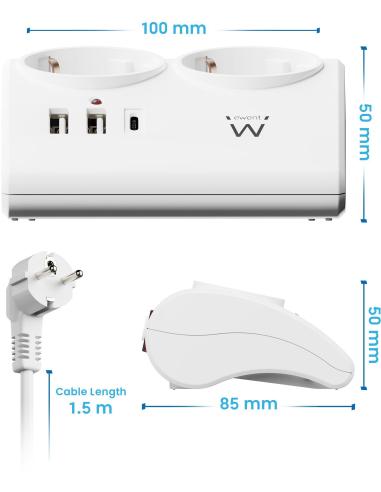 Ewent EW3870 Regleta 2 Tomas Schuko + x2 USB-A/x1 USB-C 1.5 Negro