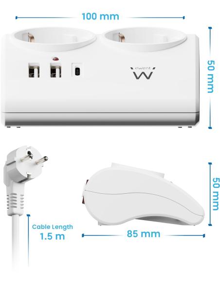 Ewent EW3870 Regleta 2 Tomas Schuko + x2 USB-A/x1 USB-C 1.5 Negro