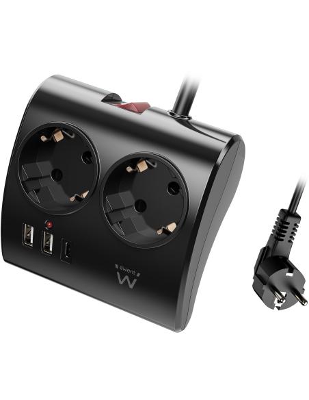 Ewent EW3871 Regleta 2 Tomas Schuko + x2 USB-A/x1 USB-C 1.5 Negro