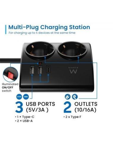 Ewent EW3871 Regleta 2 Tomas Schuko + x2 USB-A/x1 USB-C 1.5 Negro