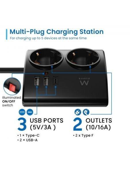 Ewent EW3871 Regleta 2 Tomas Schuko + x2 USB-A/x1 USB-C 1.5 Negro