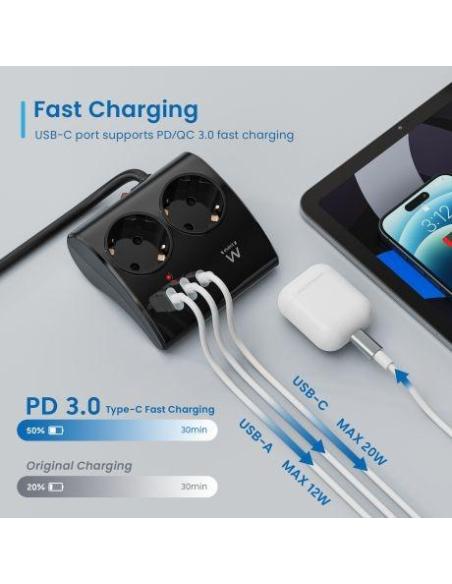 Ewent EW3871 Regleta 2 Tomas Schuko + x2 USB-A/x1 USB-C 1.5 Negro
