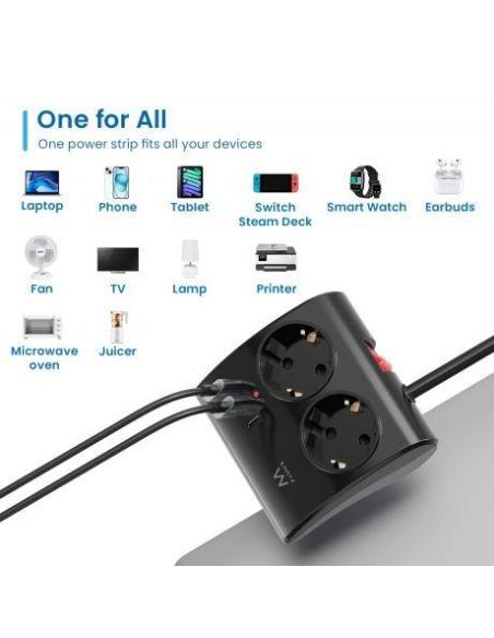 Ewent EW3871 Regleta 2 Tomas Schuko + x2 USB-A/x1 USB-C 1.5 Negro