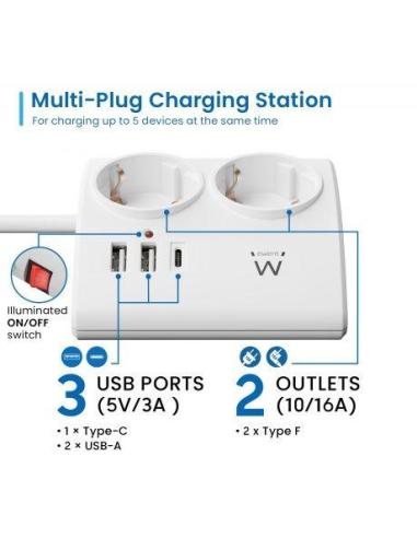 Ewent EW3870 Regleta 2 Tomas Schuko + x2 USB-A/x1 USB-C 1.5 Negro