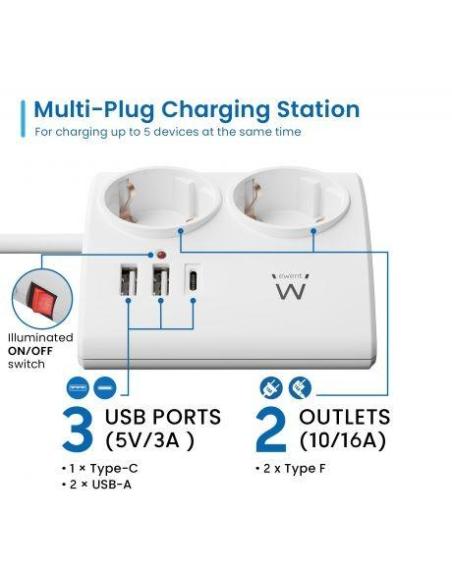 Ewent EW3870 Regleta 2 Tomas Schuko + x2 USB-A/x1 USB-C 1.5 Negro