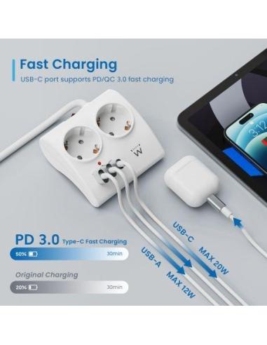 Ewent EW3870 Regleta 2 Tomas Schuko + x2 USB-A/x1 USB-C 1.5 Negro