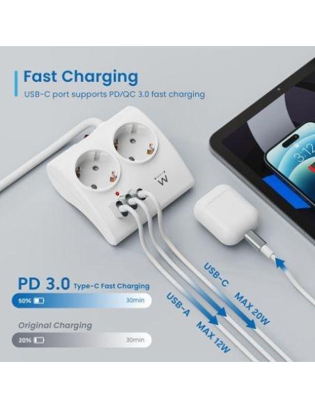 Ewent EW3870 Regleta 2 Tomas Schuko + x2 USB-A/x1 USB-C 1.5 Negro
