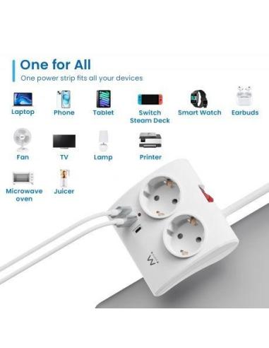 Ewent EW3870 Regleta 2 Tomas Schuko + x2 USB-A/x1 USB-C 1.5 Negro