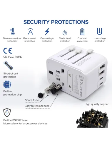 Ewent EW1470 Adaptador de Enchufe Universal de Viaje 2 USB-A y 3 USB-C