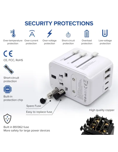 Ewent EW1470 Adaptador de Enchufe Universal de Viaje 2 USB-A y 3 USB-C