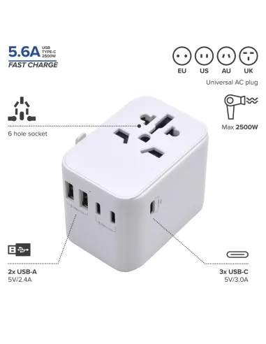 Ewent EW1470 Adaptador de Enchufe Universal de Viaje 2 USB-A y 3 USB-C