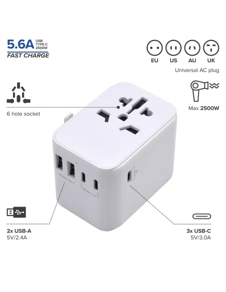 Ewent EW1470 Adaptador de Enchufe Universal de Viaje 2 USB-A y 3 USB-C