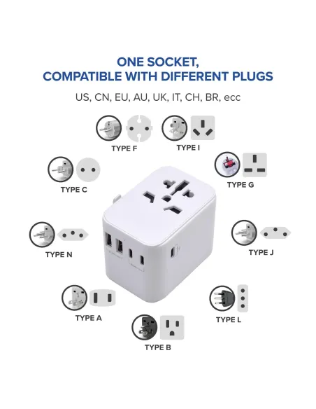 Ewent EW1470 Adaptador de Enchufe Universal de Viaje 2 USB-A y 3 USB-C