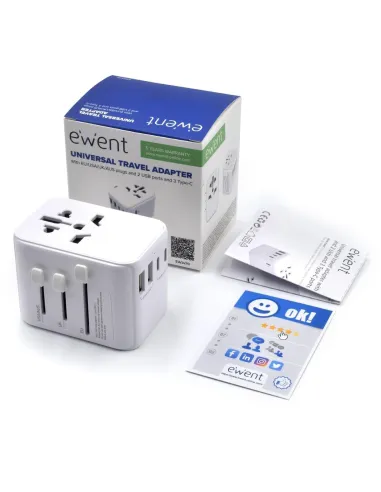 Ewent EW1470 Adaptador de Enchufe Universal de Viaje 2 USB-A y 3 USB-C
