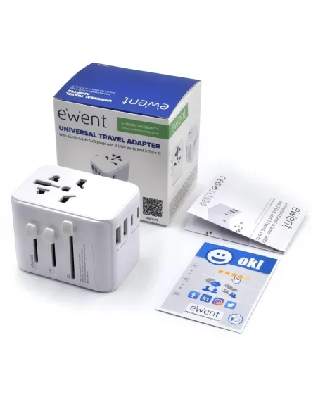 Ewent EW1470 Adaptador de Enchufe Universal de Viaje 2 USB-A y 3 USB-C