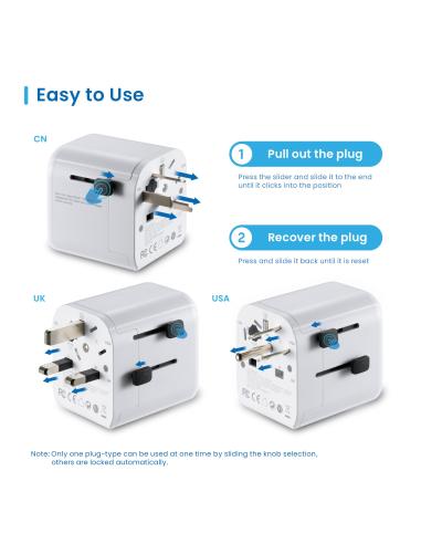 Ewent EW1472 Adaptador de Enchufe Universal de Viaje 1 USB-A y 1 USB-C