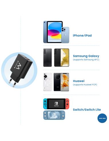 Ewent EW1319 Cargador de Móvil con Carga Rápida USB-C/USB-A 20W Negro