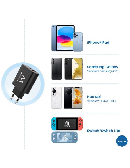 Ewent EW1319 Cargador de Móvil con Carga Rápida USB-C/USB-A 20W Negro