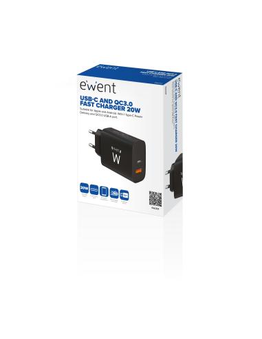 Ewent EW1319 Cargador de Móvil con Carga Rápida USB-C/USB-A 20W Negro