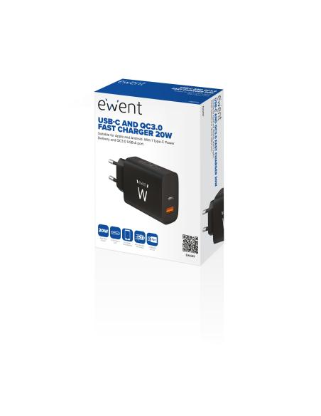 Ewent EW1319 Cargador de Móvil con Carga Rápida USB-C/USB-A 20W Negro