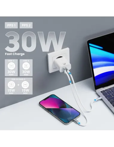 Ewent EW1325 Cargador de Móvil con Carga Rápida USB-C/USB-A 30W Negro
