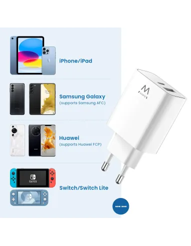 Ewent EW1325 Cargador de Móvil con Carga Rápida USB-C/USB-A 30W Negro