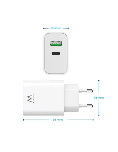 Ewent EW1325 Cargador de Móvil con Carga Rápida USB-C/USB-A 30W Negro