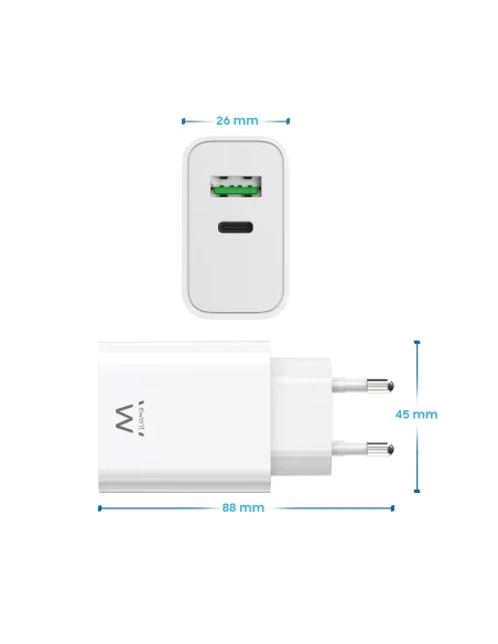 Ewent EW1325 Cargador de Móvil con Carga Rápida USB-C/USB-A 30W Negro