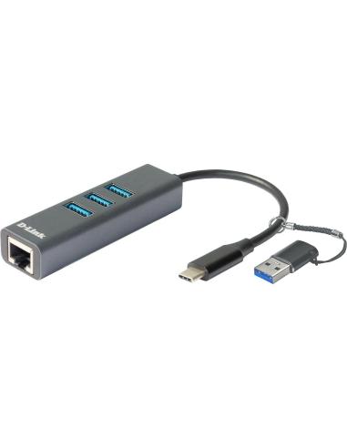 D-Link DUB-2332 Adaptador USB-C/USB a Gigabit Ethernet con 3 Puertos USB 3.0 PD 60W