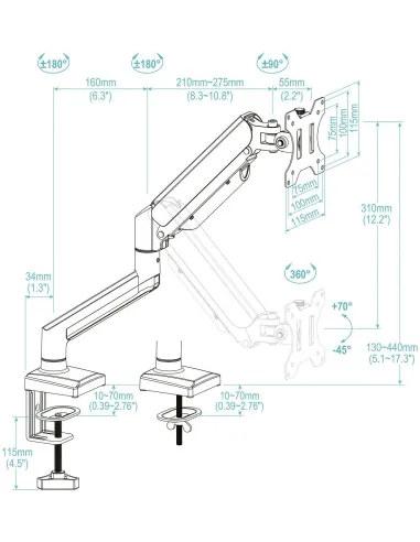 TooQ DB1334TNR-B Soporte de Mesa para Monitor/TV de 13-34" Máx. 10KG Negro