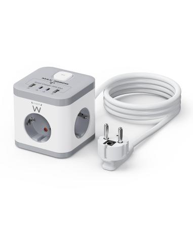 Ewent EW3863 Regleta en Bloque 3x Tomas Shucko 16A 2x USB-A 2x USB-C 5V/3A PD/QC 3.0 Blanca