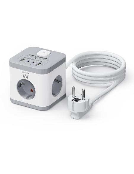 Ewent EW3863 Regleta en Bloque 3x Tomas Shucko 16A 2x USB-A 2x USB-C 5V/3A PD/QC 3.0 Blanca